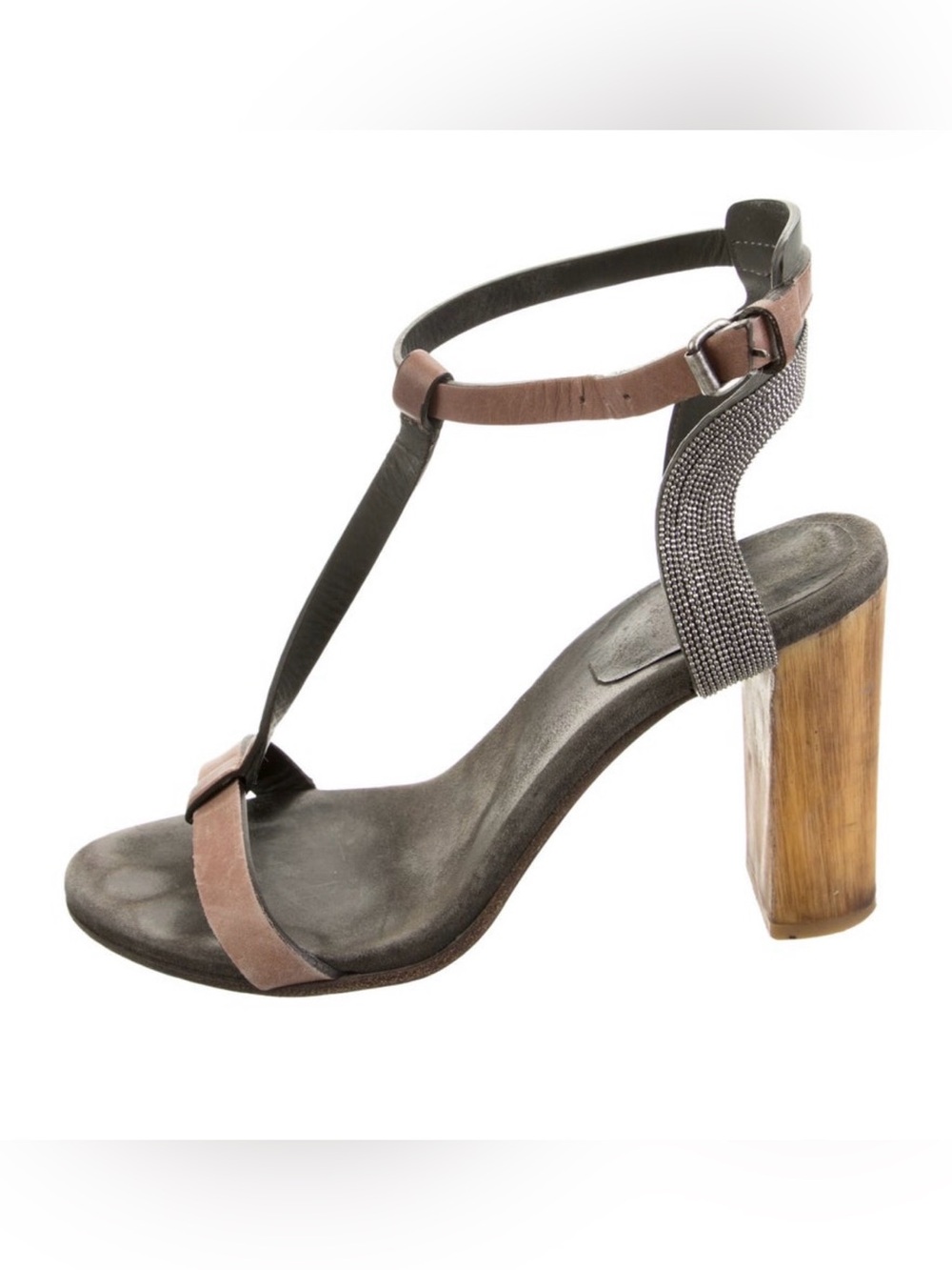 Brunello Cucinelli Taupe and Black T-Strap Block Heel Sandal